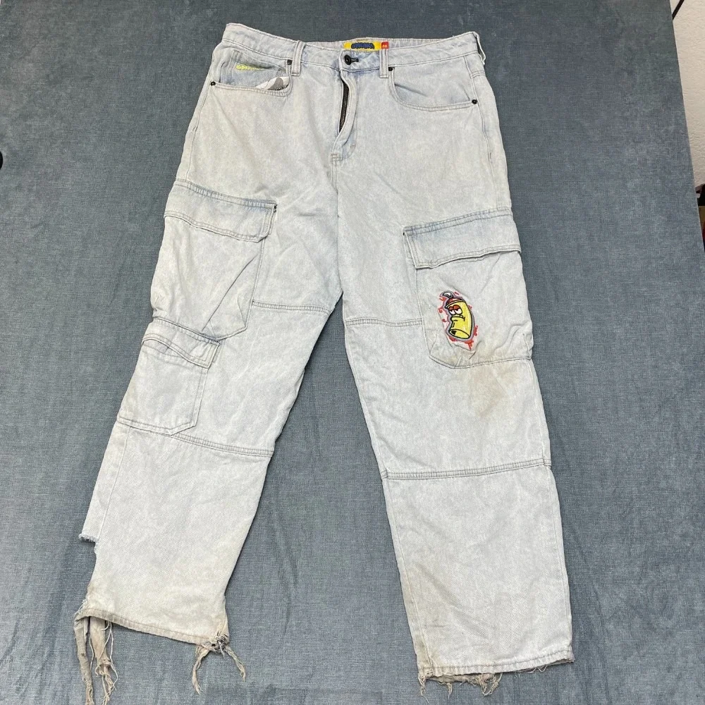 Empyre Loose Fit Cargo Jeans Mens 32 Blue Denim Flat Front Pockets Embroidered